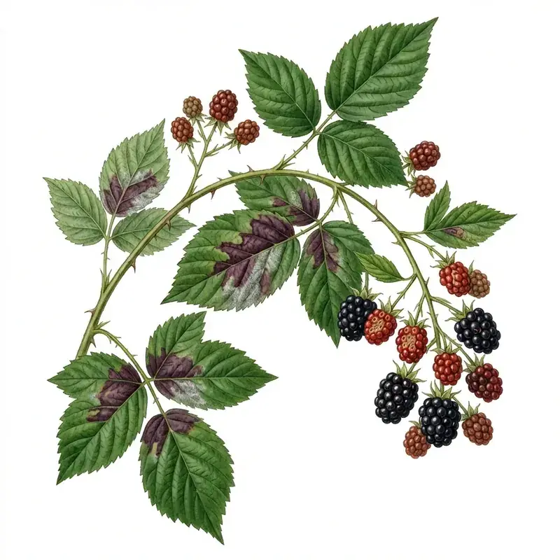 Mildiu en mora: hojas con manchas púrpura y frutos rojizos que se secan.
