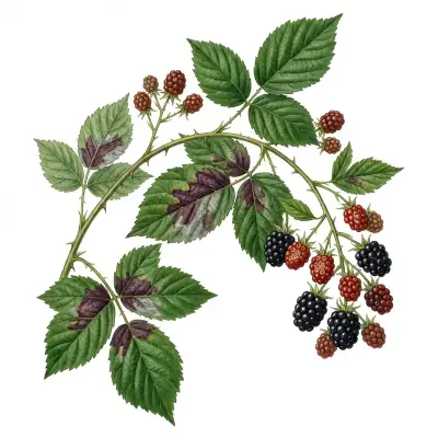 Mildiu en mora: hojas con manchas púrpura y frutos rojizos que se secan.
