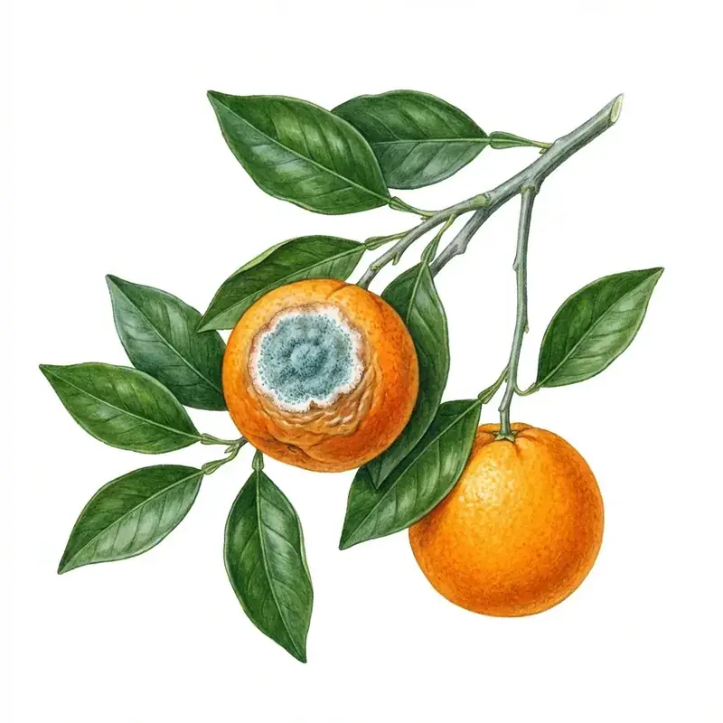 Moho azul en cítricos: naranja con una podredumbre cubierta de esporas azuladas.