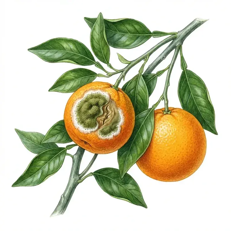 Moho verde en cítricos: naranja con una podredumbre cubierta de esporas verdes y borde blanco.