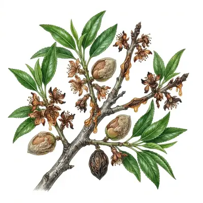 Monilia en almendro: flores secas pegadas a la rama, ramillas con goma y almendras momificadas.