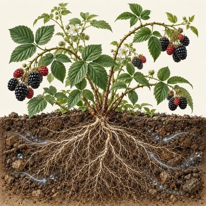 Planta de mora con fruto y sistema radicular