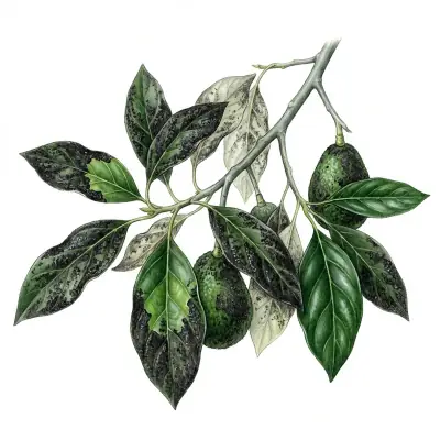Negrilla en aguacate: hojas y frutos cubiertos de una capa negra como hollín.