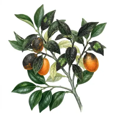 Negrilla en cítricos: hojas y frutos cubiertos de una capa negra como hollín.