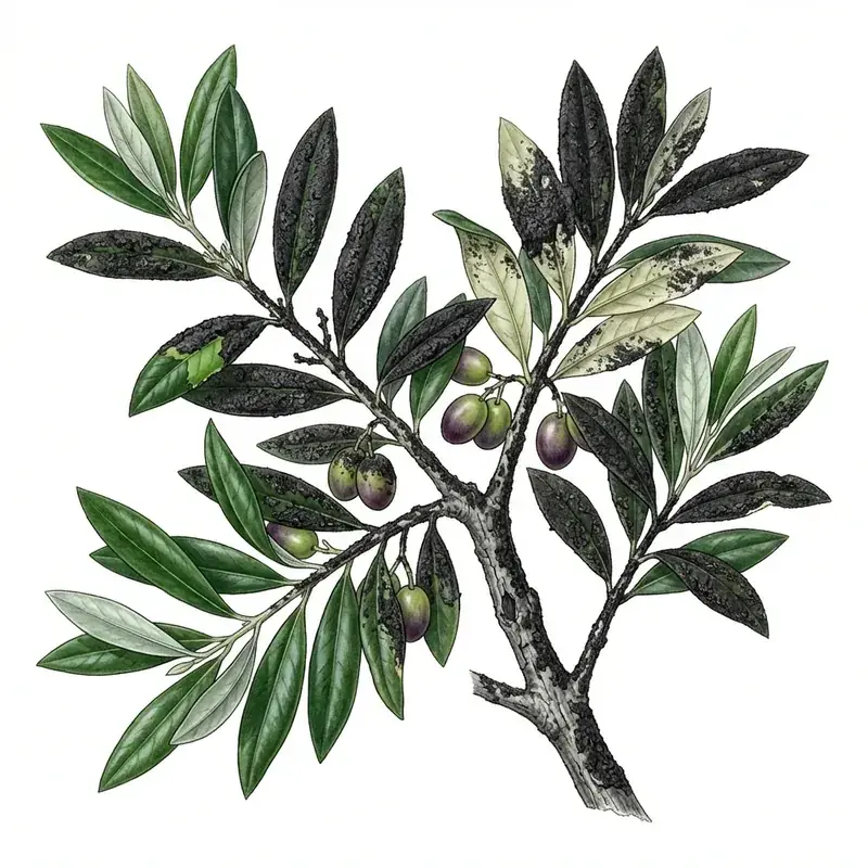 Negrilla en olivo: hojas y frutos cubiertos de una capa negra como hollín.