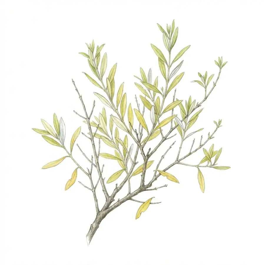 Olivo con carencia de nitrógeno: hojas viejas de color verde pálido a amarillo, de forma uniforme.