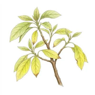 Aguacate con carencia de nitrógeno: hojas viejas de color verde pálido a amarillo, de forma uniforme.