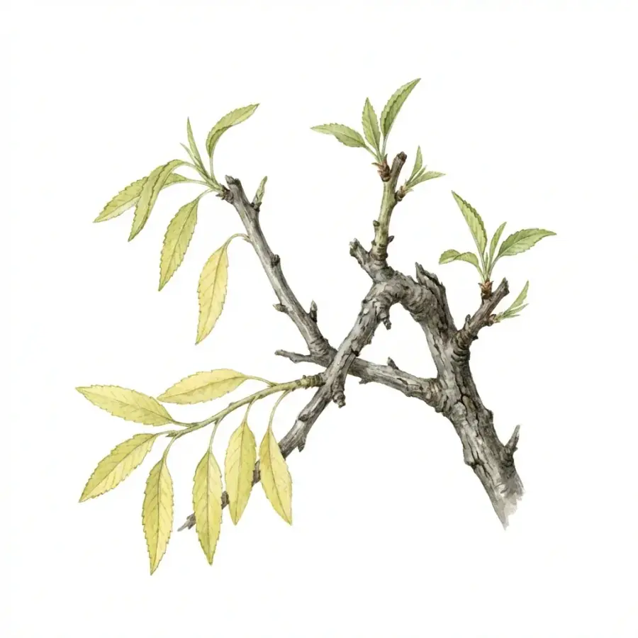 Almendro con carencia de nitrógeno: hojas viejas de color verde pálido a amarillo, de forma uniforme.