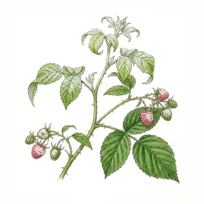 Oídio en frambuesa: hojas y frutos cubiertos de polvillo blanco.