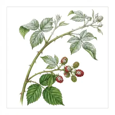 Oídio en mora: hojas y frutos cubiertos de polvillo blanco.