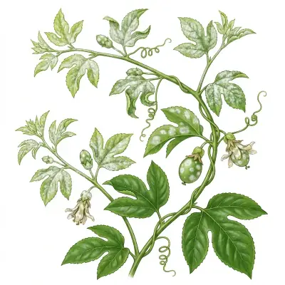 Oídio en maracuyá: hojas y frutos con polvillo blanco.