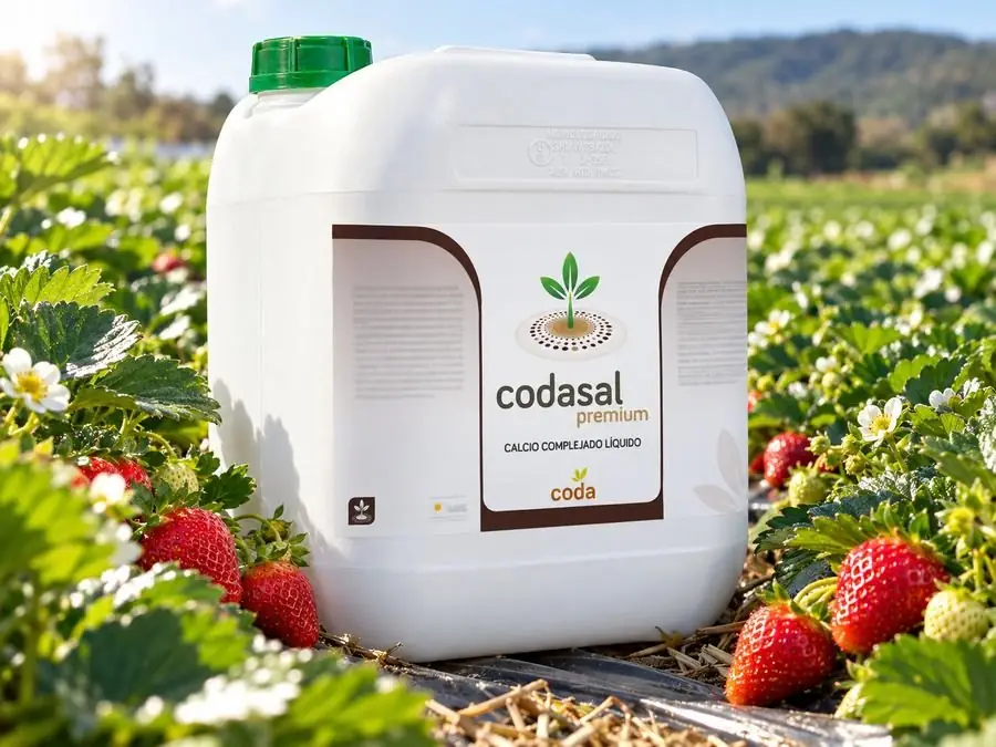 Garrafa de Codasal Premium en un campo de fresas