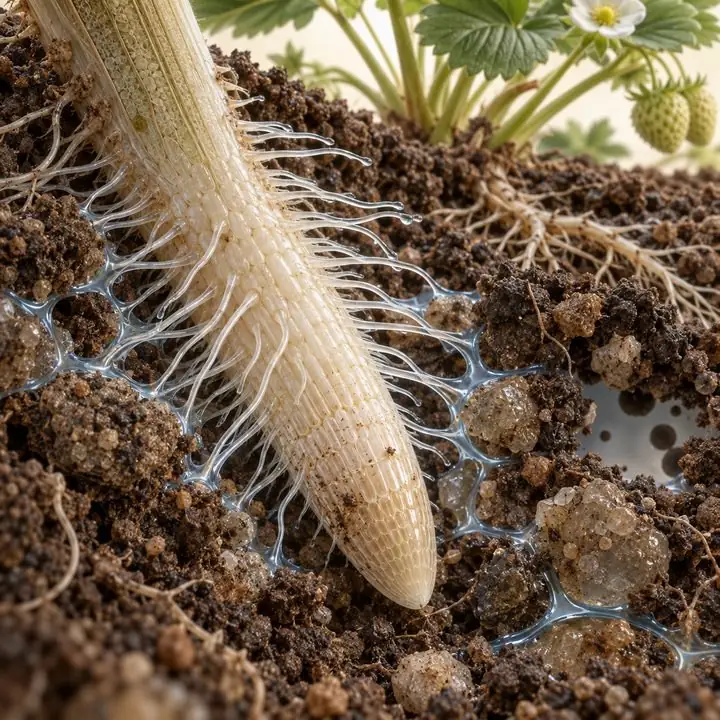 Punta de raíz de fresa con pelos absorbentes entre agregados del suelo y películas de agua