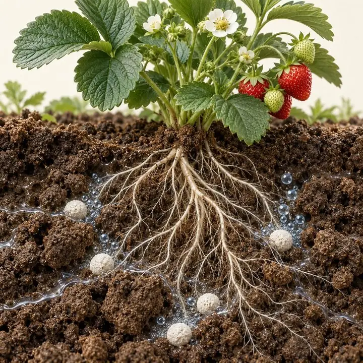 Planta de fresa con los gránulos de Oxifort Berries disolviéndose en el bulbo y liberando burbujas de oxígeno entre las raíces