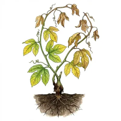 Podredumbre del cuello en maracuyá: planta marchita con una lesión oscura en el cuello.