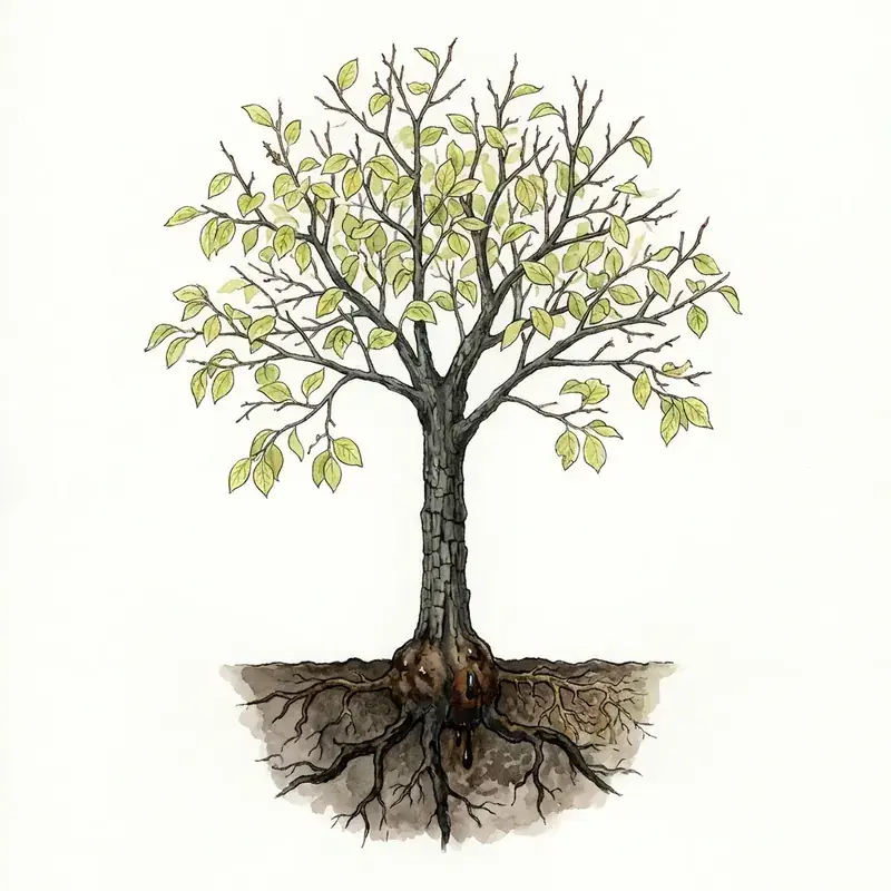 Podredumbre de cuello y raíz en caqui: árbol de copa rala y amarillenta con el cuello podrido.