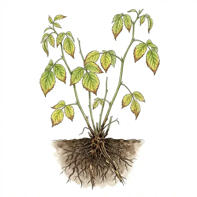 Podredumbre de raíz en frambuesa: planta marchita y amarillenta con las raíces podridas.