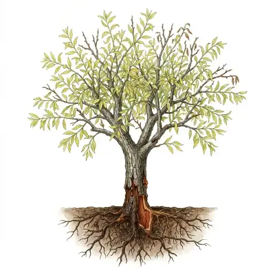 Podredumbre de cuello y raíz en almendro: árbol decaído con la corteza del cuello podrida.