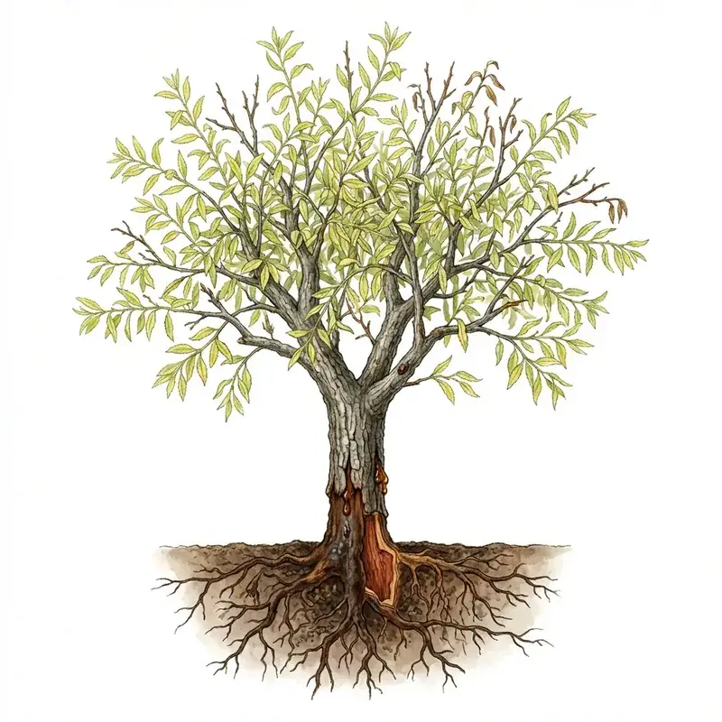 Podredumbre de cuello y raíz en almendro: árbol decaído con la corteza del cuello podrida.