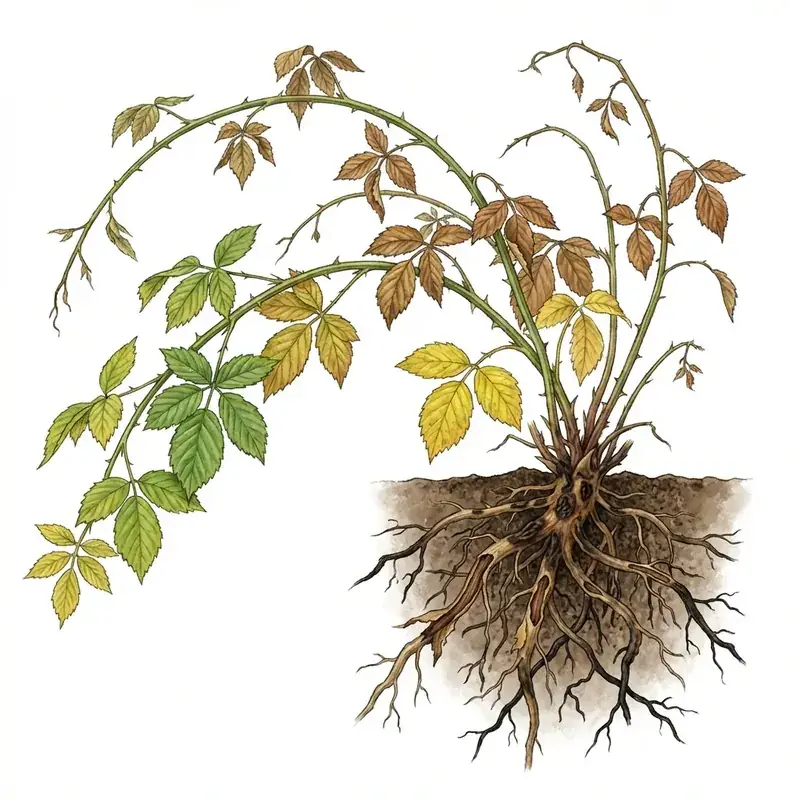 Podredumbre de raíz en mora: planta marchita con las raíces podridas.