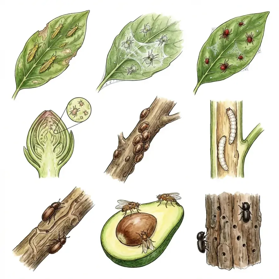 Lámina de conjunto con plagas del aguacate y sus daños.