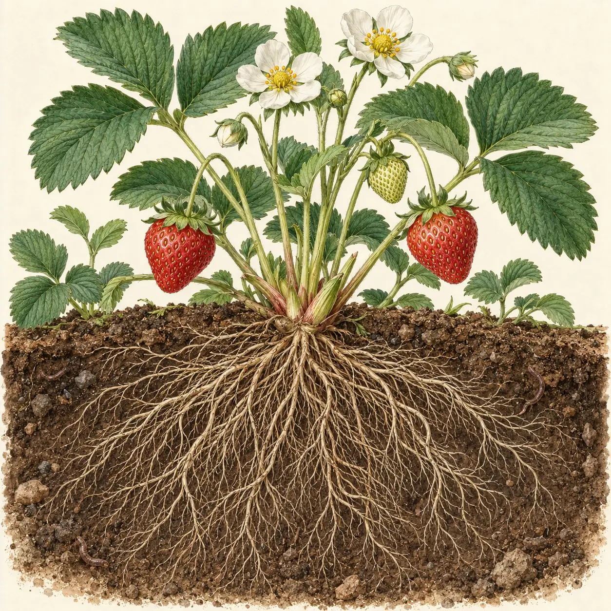 Planta de fresa con flores, frutos verdes y maduros y un sistema radicular amplio en el suelo.