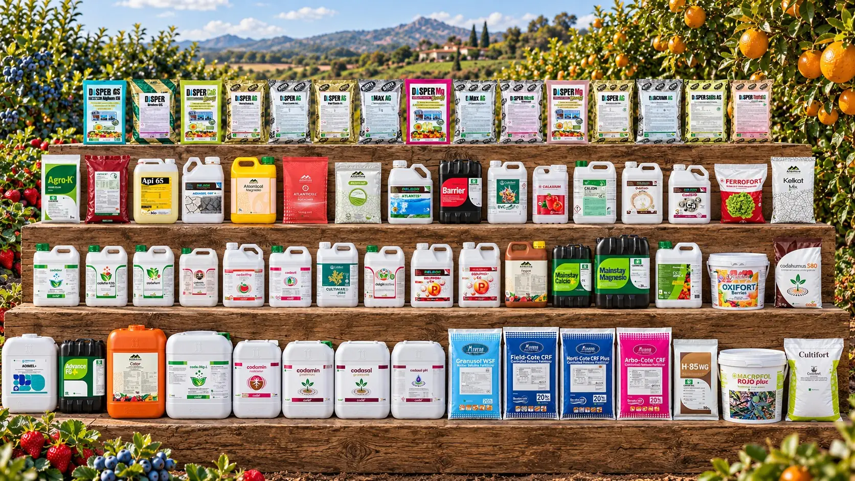 Gradas de madera con los envases de los productos del catálogo de AGROGAL, entre arándanos, fresas y naranjos