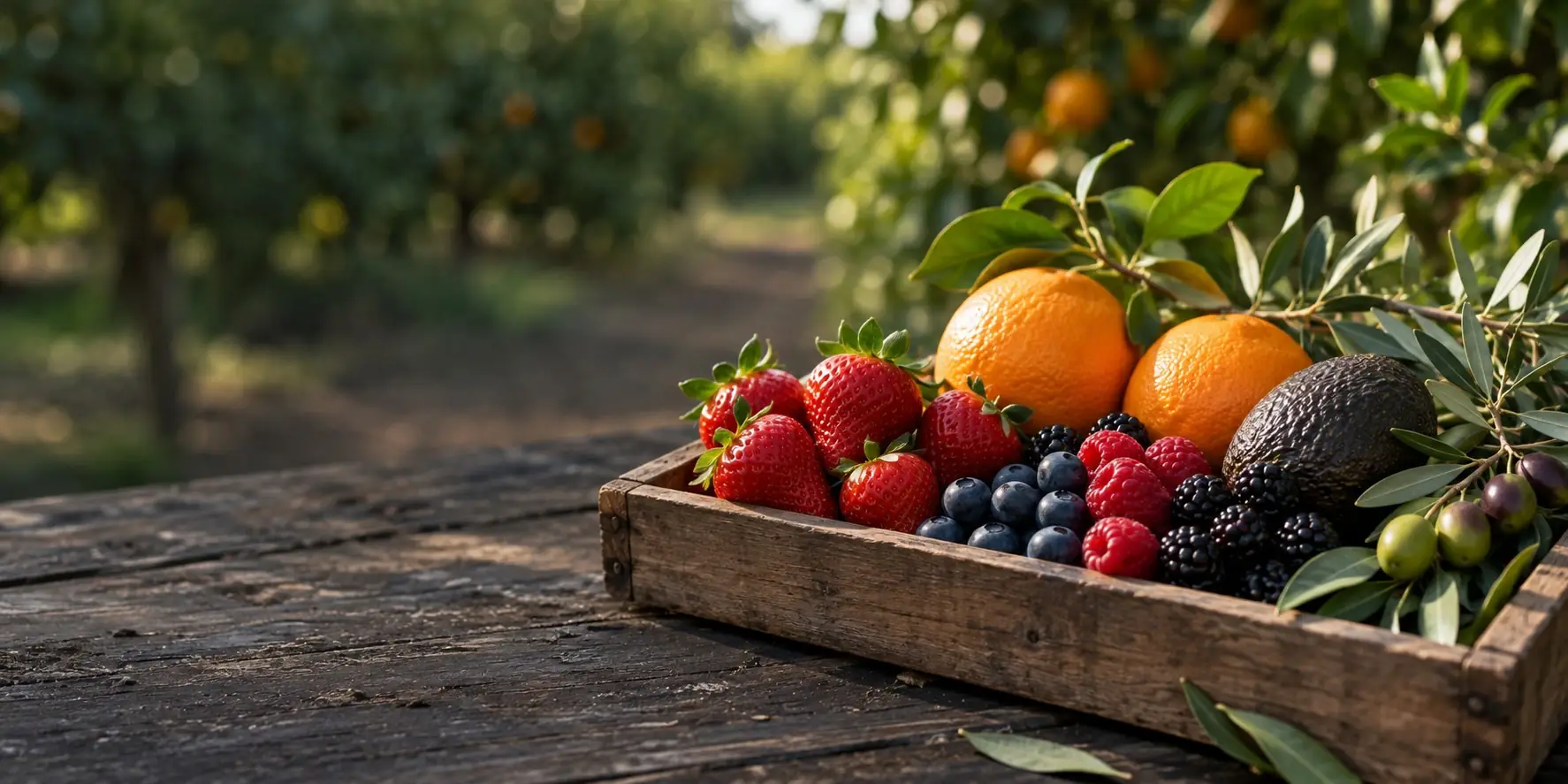 Caja de madera con fresas, arándanos, moras, naranjas, aguacates y aceitunas junto a un naranjal