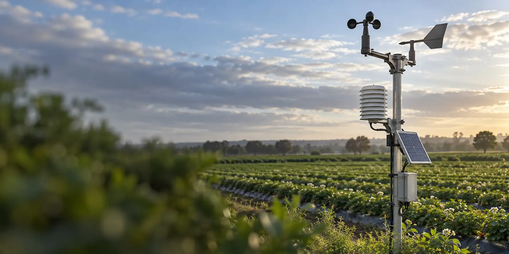 Estación meteorológica con anemómetro, veleta y placa solar sobre un campo de cultivo al atardecer