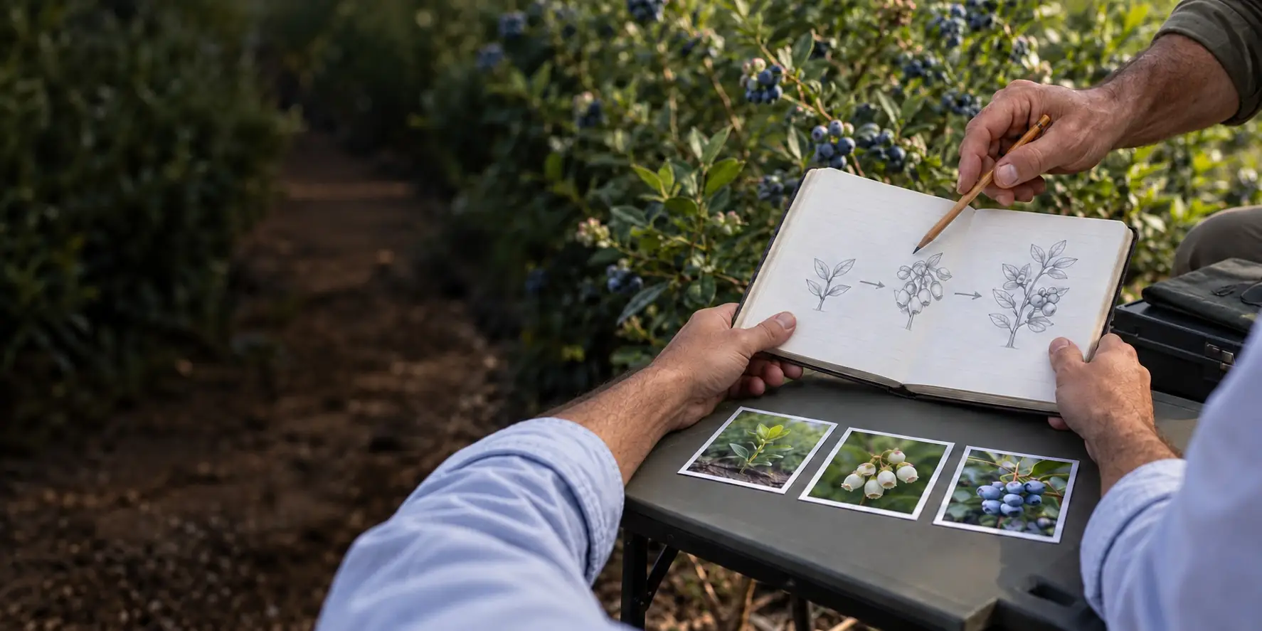 Técnico dibujando en su cuaderno de campo las fases del arándano, con fotos de cada fase, entre arándanos