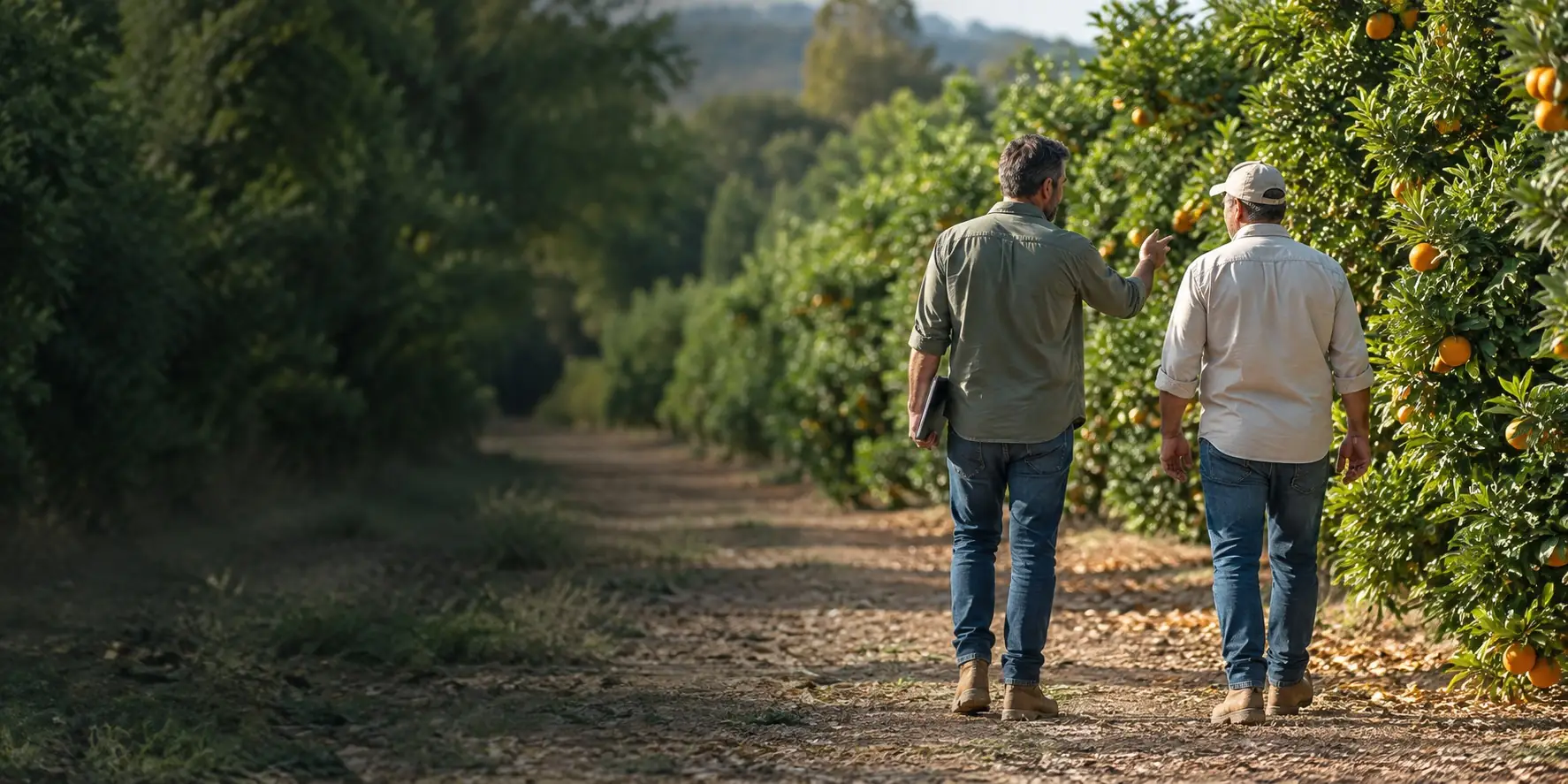 Dos técnicos de AGROGAL caminando y conversando por un camino entre naranjos