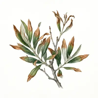 Olivo con carencia de potasio: hojas viejas con los bordes amarillos y secos, como quemados.