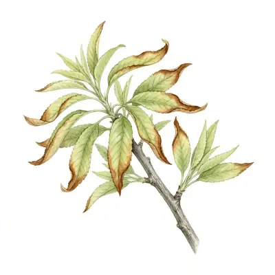 Almendro con carencia de potasio: hojas viejas con los bordes amarillos y secos, como quemados.