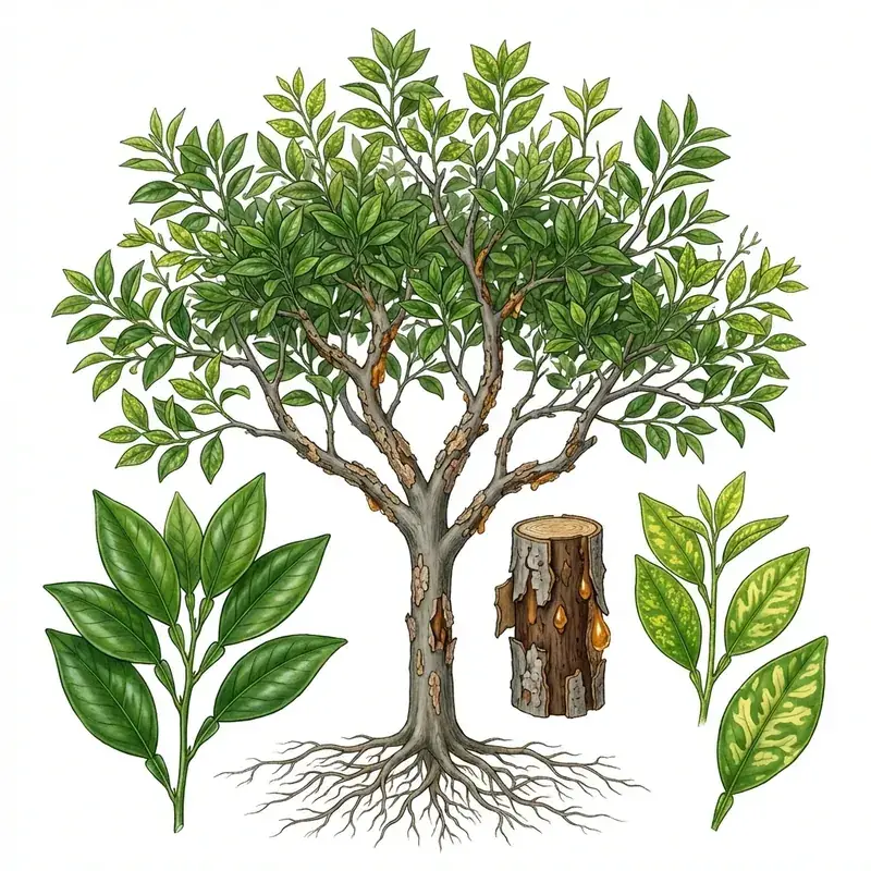 Psorosis en cítricos: árbol con la corteza del tronco descamada y hojas jóvenes con manchas claras.