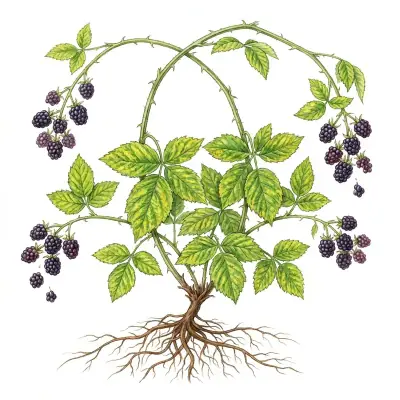 Enanismo arbustivo en mora: planta con amarilleo a lo largo de los nervios.