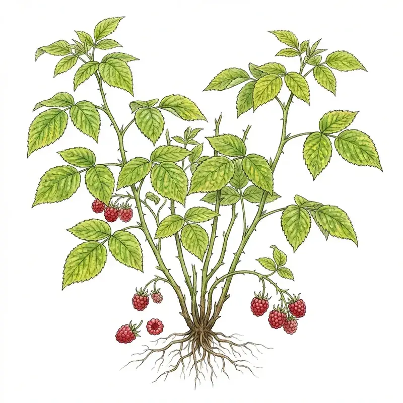 Enanismo arbustivo en frambuesa: planta con hojas amarillentas y frutos escasos.