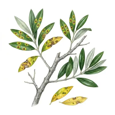 Repilo en olivo: hojas con manchas redondas oscuras y halo amarillo, como un ojo.