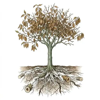 Podredumbre blanca de raíz en cítricos: árbol seco con las raíces cubiertas de micelio blanco.