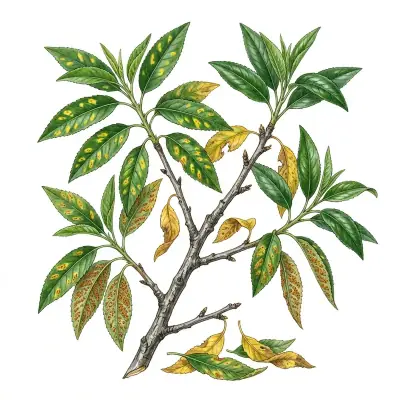 Roya en almendro: hojas con manchas amarillas y hojas caídas.