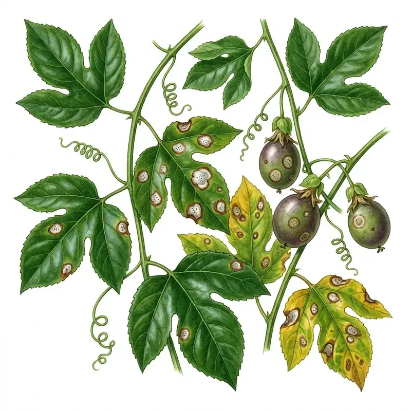 Septoriosis en maracuyá: hojas y frutos con manchas pequeñas de centro claro.