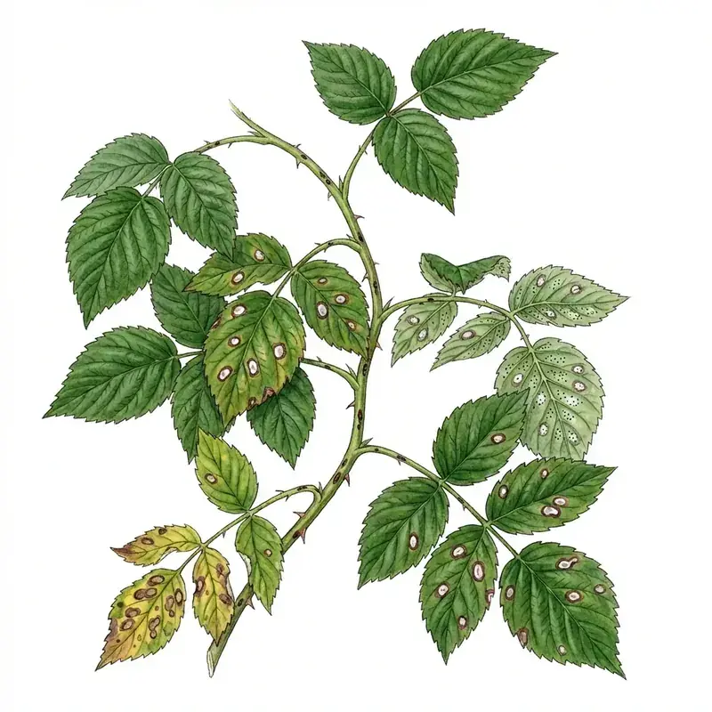 Septoriosis en frambuesa: hojas con manchas pequeñas de centro claro y borde oscuro.