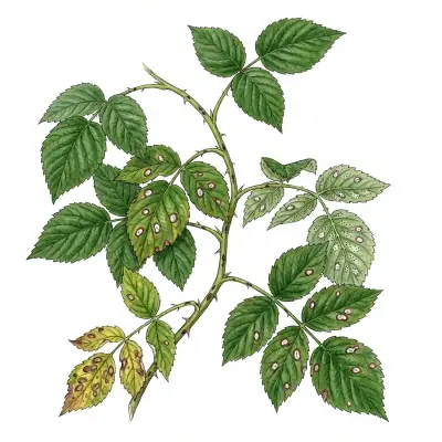 Septoriosis en frambuesa: hojas con manchas pequeñas de centro claro y borde oscuro.