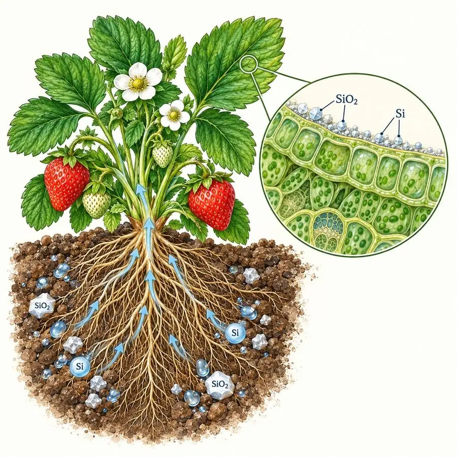 Planta de fresa con silicio en el suelo y detalle de la epidermis de la hoja con depósitos de sílice bajo la cutícula