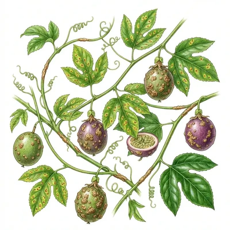 Verrugosis en maracuyá: frutos con lesiones corchosas en relieve.