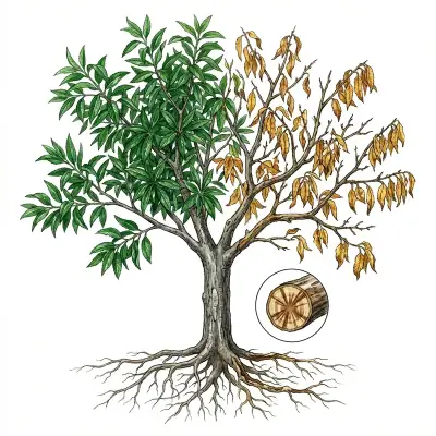 Verticilosis en almendro: almendro con un sector de la copa seco.