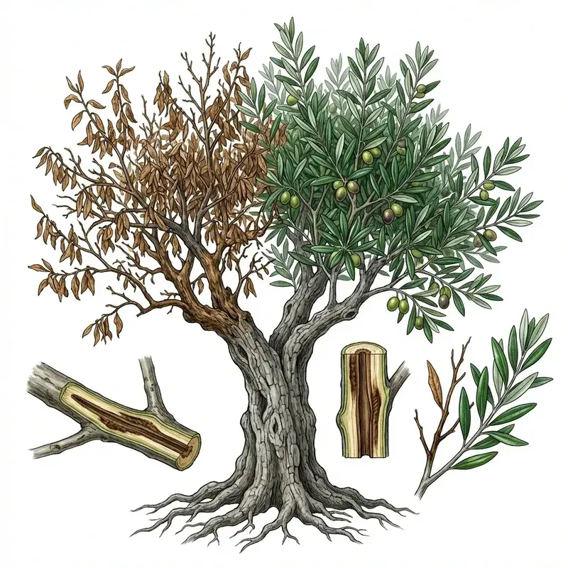 Verticilosis en olivo: olivo con media copa seca y trozos de madera con vetas oscuras.