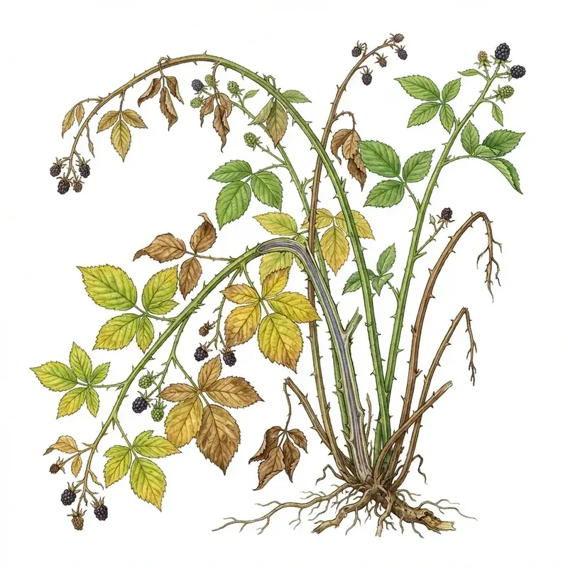 Verticilosis en mora: planta con cañas secas y hojas amarillas.