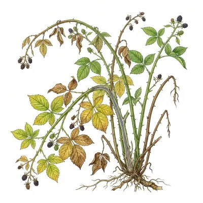 Verticilosis en mora: planta con cañas secas y hojas amarillas.