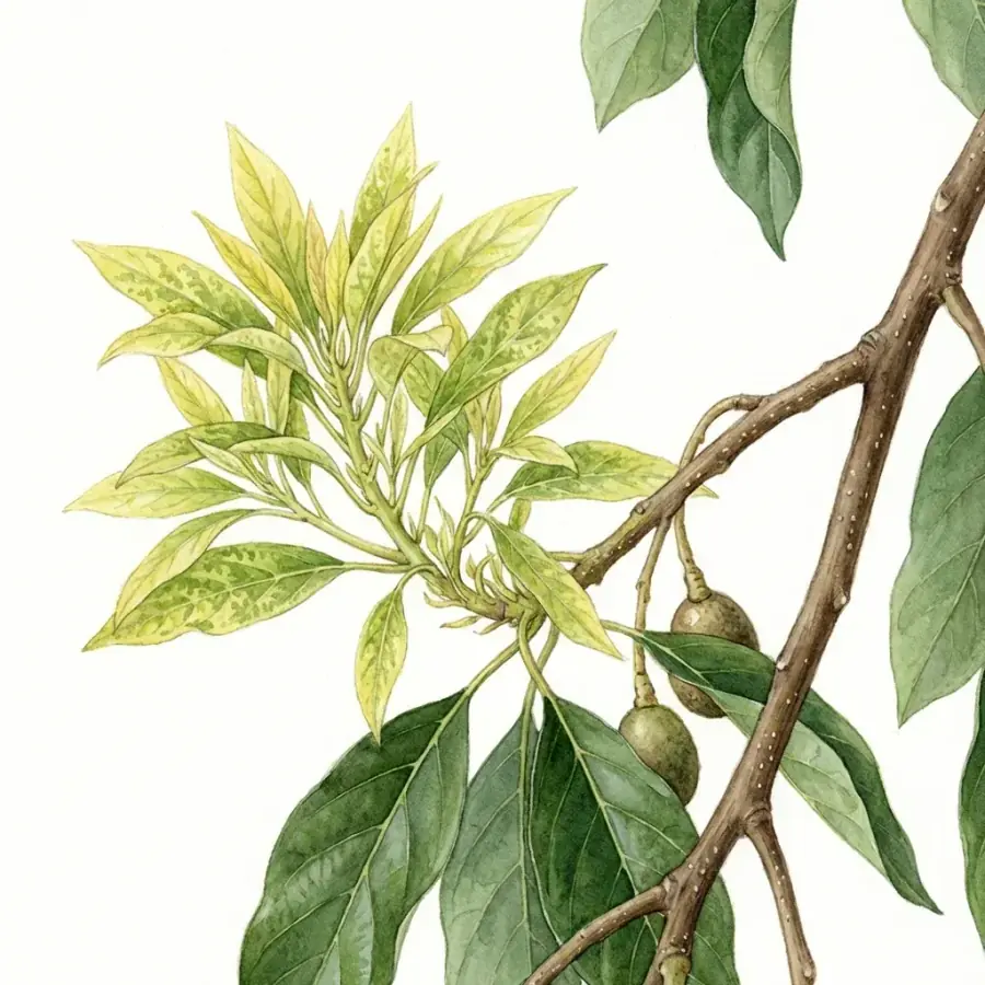 Aguacate con carencia de zinc: brotes con hojas pequeñas, estrechas y moteadas de amarillo.