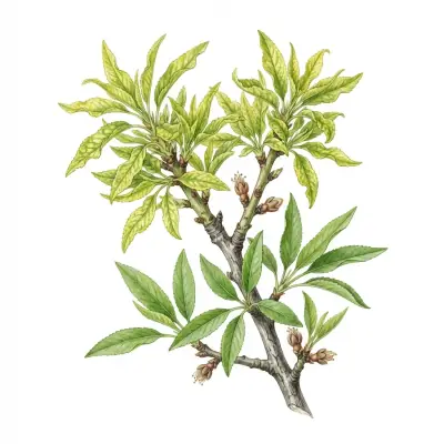 Almendro con carencia de zinc: brotes con hojas pequeñas, estrechas y moteadas de amarillo.